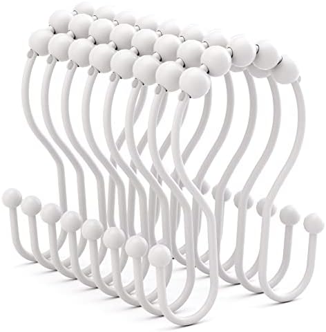 Bathway White Shower Curtain Hooks and Rings - Rust Proof, Smooth Glide, Double Hooks, 12 Pcs