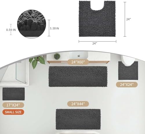 Disolla Toilet Rug 24x24 Inch - Dark Grey U-Shaped Bathroom Floor Mat, Soft Shaggy Plush Absorbent Chenille Contour Rug, Non-Slip Washable Pedestal Base Rug