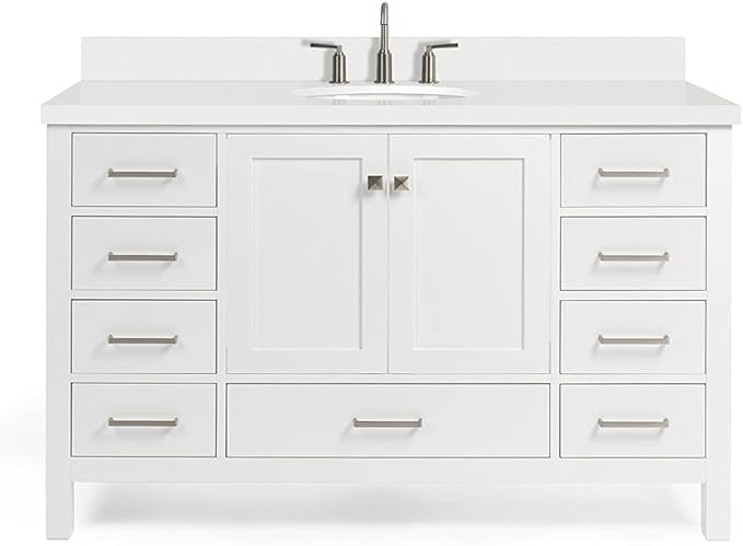 ARIEL Cambridge 54-inch Bathroom Vanity with Sink,Solid Wood, 1.5-inch Pure White Quartz Countertop & Backsplash, Single Oval Porcelain Sink, 2 Soft Closing Doors, 9 Dovetail Drawers, White
