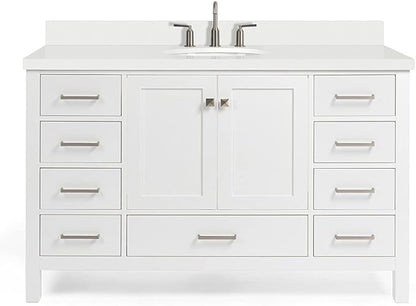 ARIEL Cambridge 54-inch Bathroom Vanity with Sink,Solid Wood, 1.5-inch Pure White Quartz Countertop & Backsplash, Single Oval Porcelain Sink, 2 Soft Closing Doors, 9 Dovetail Drawers, White