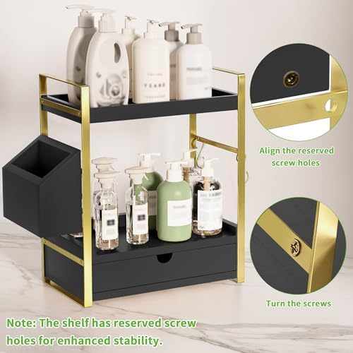 2-Tier Bathroom Counter Organizer, Wooden Vanity Shelf with Drawer & Basket