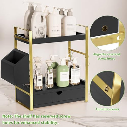 2-Tier Bathroom Counter Organizer, Wooden Vanity Shelf with Drawer & Basket