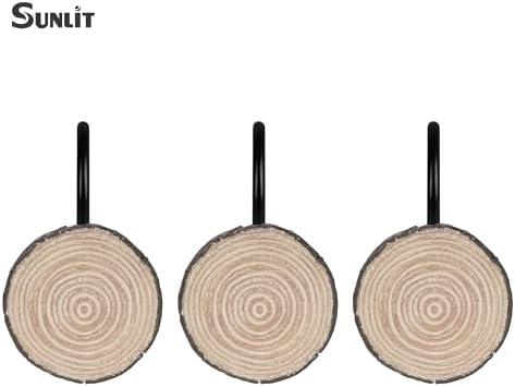 Sunlit Farmhouse Wooden Slices Shower Curtain Hooks, Rustic Home Decorative Shower Curtain Rings with Black Hooks for Bathroom, Resin Shower Curtain Hangers Bathroom Accessories, Set of 12