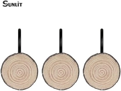 Sunlit Farmhouse Wooden Slices Shower Curtain Hooks, Rustic Home Decorative Shower Curtain Rings with Black Hooks for Bathroom, Resin Shower Curtain Hangers Bathroom Accessories, Set of 12