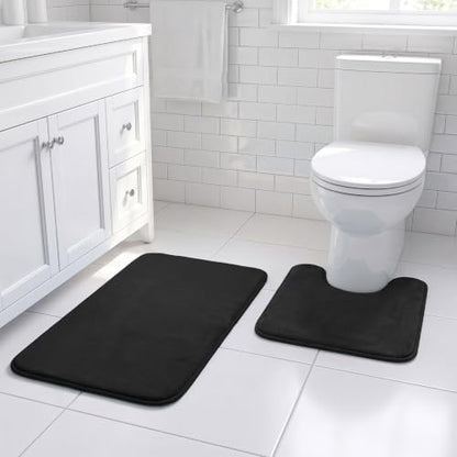 H.VERSAILTEX Bath Mat Memory Foam Set Bathroom Rug Set Flannel Velvety Bath Mat Luxury Extra Soft and Absorbent Non Slip Rugs for Bathroom/Bedroom Washable(Curved Set 20"x 32" Plus 20"x 20"U, Black)