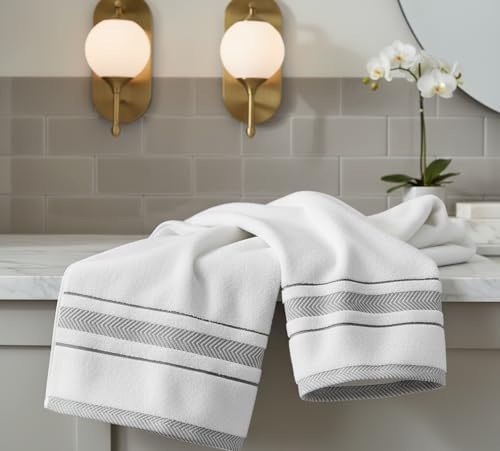 Hand Towels Set for Bathroom – Luxury 4-Piece Cotton Hand Towels, Soft Absorbent & Quick Dry, 600 GSM Bath Towels for Bathroom, Hotel Spa Quality (White/Grey, 4-Hand Towel Set)