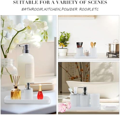 White Bathroom Accessories Set, 10Pcs Bathroom Accessory Sets Complete with Trash Can, Shower Curtain, Vanity Tray, Soap Dispenser, Soap Dish, Toothbrush Holder&Cup, Toilet Brush&Holder, Qtip Holder