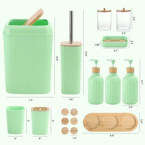 XLHOMO Green Bathroom Accessories Set 17PCS Bathroom Set with Trash Can 3PCS Lotion Soap Dispenser, Toothbrush Holder, 6PCS Wood Tags Bath Accessories with Tray for Kitchen Bathroom
