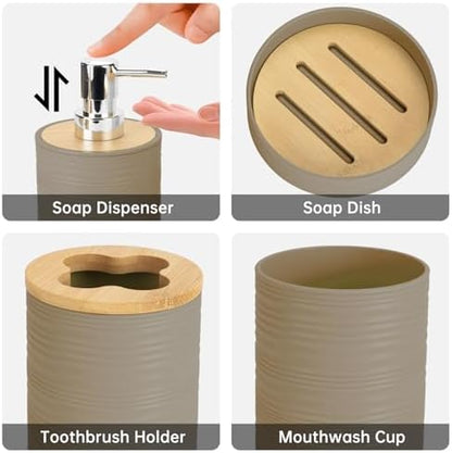 RRM 4 Piece Bamboo Bathroom Accessories Set, Boho Bathroom Decor, Beige
