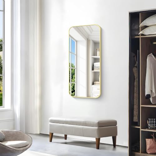 BONEWEI Gold Bathroom Mirror,20x40 inch Wall Mirror for Bathroom Wall Mounted,Round Rectangle Mirror for Bathroom Over Sink,Modern Frame for Home Decor Living Room,Bedroom Entryway,Horizontal/Vertical