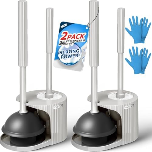 FORASTO 2Pack 2 in 1 Toilet Brush and Plunger Set,Clean Gloves, Extended Handle Plunger，Toilet Bowl Brush Plunger Set,Bathroom Cleaning Tools,Toilet Brush Plunger Combo,Cleaning Brush(Light Grey)
