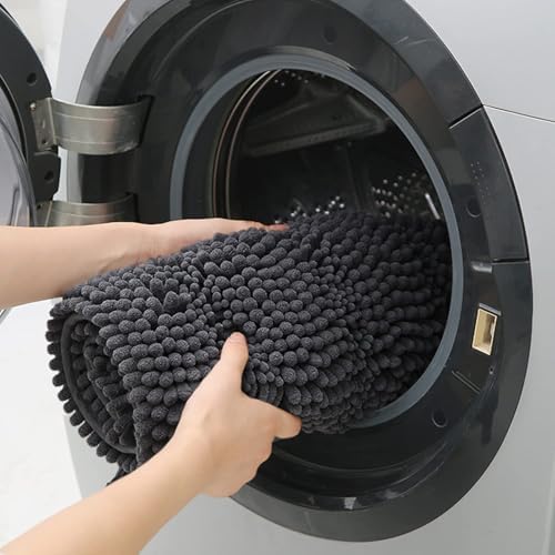 ACCUMTEK Striped Grey Bathroom Rug Mat 32"x20" Ultra Soft, Non Slip Chenille Bath Rugs, Absorbent Plush Shaggy Bath Mats for Bathroom, Bedroom, Kitchen, Shower, Tub,Deep Grey