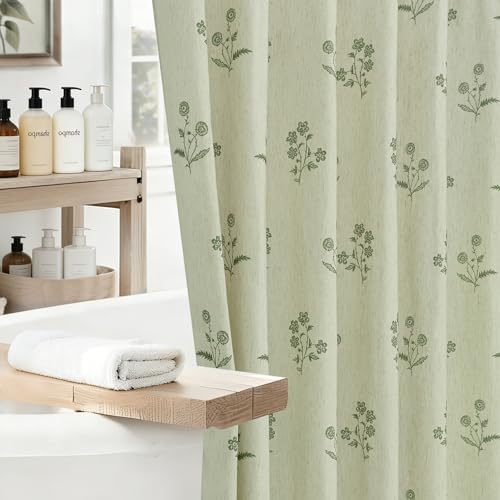ORTIGIA Farmhouse Vintage Sage Green Floral Shower Curtain Block Print Linen Shower Curtains Set Boho Cottagecore Rustic Decor for Bathroom 72 W x 72 L