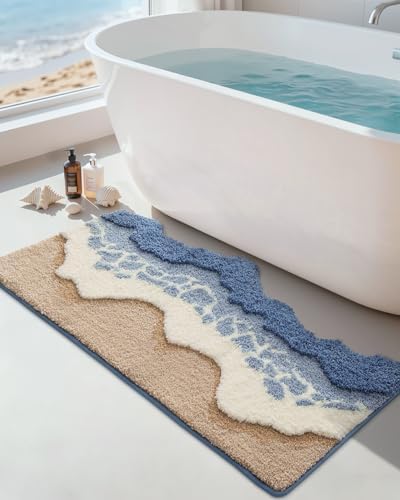 DEXI Cute Bath Mat, Sea Ocean Wave Bathroom Rugs, 43x26 Blue