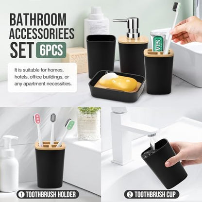 Hommtina Bamboo Bathroom Accessory Set, 6 Pcs Bathroom Essential Includes Toothbrush Cup, Toothbrush Holder, Soap Dispenser, Soap Dish, Toilet Brush with Holder, Trash Can (Black Square)
