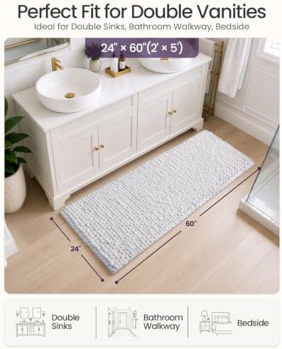 DEXI Bathroom Runner Rugs 60x24, Non Slip Chinelle Bath Mat, White