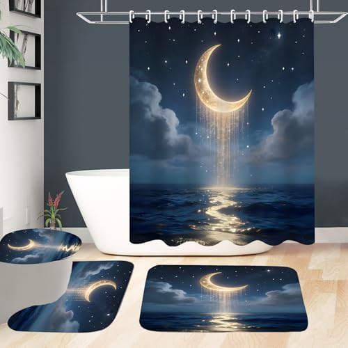 LQCOOL 4Pcs Moon Shower Curtain Set Blue and Gold Sea Bathroom Sets for Bathroom with Rugs Shower Curtain with 12 Hooks