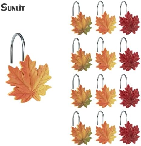 Sunlit Maple Leaf Shower Curtain Hooks, Yellow to Red Ombre Fall Autumn Shower Curtain Rings for Bathroom, Decorative Resin Maple Leaves Curtain Hangers, Bath Accessories, Set of 12