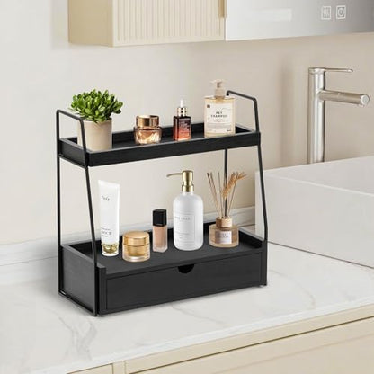 2-Tier Bathroom Countertop Organizer with Drawer, Wood Vanity Shelf Black