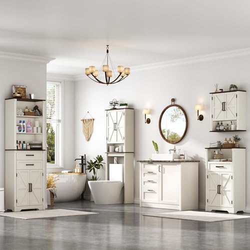 jiteentarou Farmhouse Bathroom Storage Cabinet,Over The Toilet Storage Cabinet with Roman Column Decor,Tall Over The Toilet Shelf with Barn Doors,Over Toilet Bathroom Organizer(Rustic White)
