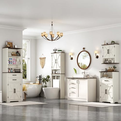 jiteentarou Farmhouse Bathroom Storage Cabinet,Over The Toilet Storage Cabinet with Roman Column Decor,Tall Over The Toilet Shelf with Barn Doors,Over Toilet Bathroom Organizer(Rustic White)