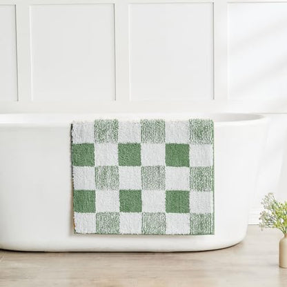 CozeCube Sage Green Checkered Bath Mat 47"x24" Non Slip Washable Rug