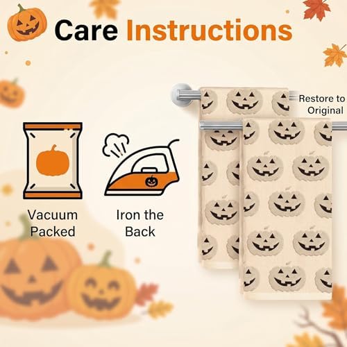 2 Pack Halloween Hand Towels 100% Cotton Jacquard ack-O'-Lantern Halloween Kitchen Towels White Bathroom Towels Set Seasonal Bathroom Decor(Beige ack-O'-Lantern)
