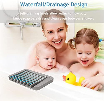 Self Draining Soap Dishes, 3 Pcs Silicone Soap Saver, Waterfall Drainer Soap Holder for Bathroom, Extend Soap Life, Keep Soap Bars Dry Clean & Easy Cleaning (White)