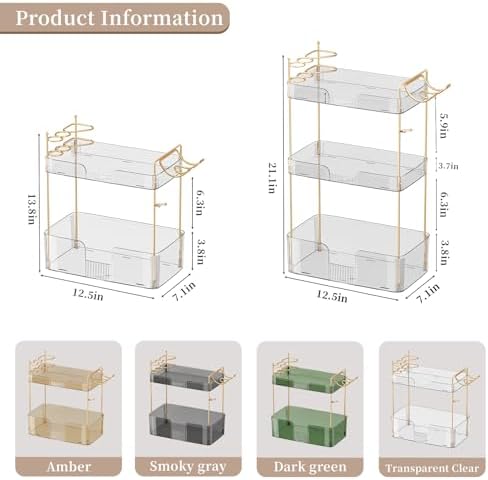 Akinbas 3 Tier Bathroom Organizer Countertop Makeup Perfume Tray Skincare Organizer Comes with Hair Dryer Rack and Toothbrush Holder for Bathroom Dresser Vanity (White)