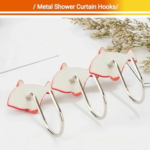 12Pcs Red Fish Shower Curtain Hooks Decorative for Curtain Rods, Cute Animals Shower Curtain Rings, Silver Stainless Steel Metal Shower Curtain Hanger Hooks, Kids Ocean Bathroom Decor Accessories