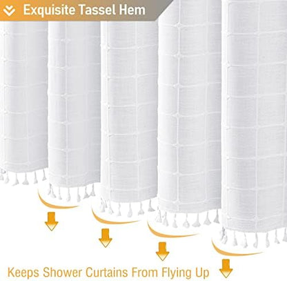 BTTN White Boho Farmhouse Linen Heavy Duty Fabric Shower Curtain Set, 72x72