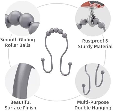 Bathway Shower Curtain Hooks, Shower Curtain Rings Rust Proof Double Hook Shower Curtain Hooks, 12 Pcs Grey Shower Hooks for Shower Curtain, Shower Rings for Curtain, Metal Shower Rod Hooks