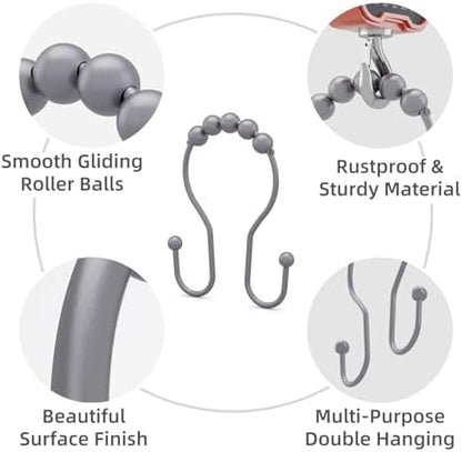 Bathway Shower Curtain Hooks, Shower Curtain Rings Rust Proof Double Hook Shower Curtain Hooks, 12 Pcs Grey Shower Hooks for Shower Curtain, Shower Rings for Curtain, Metal Shower Rod Hooks