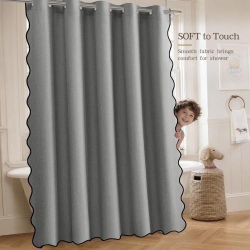 Furlinic Grey No Hook Shower Curtain Scalloped Waterproof Farmhouse 48x75