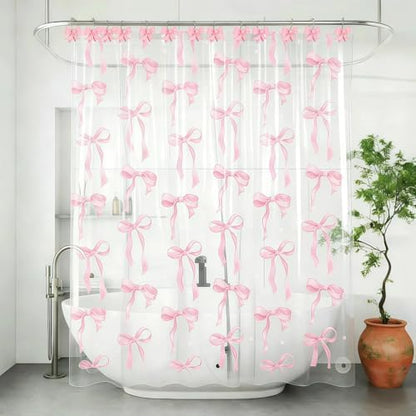 12Pcs Pink Bow Knot Shower Curtain Hooks Decorative for Curtain Rods, Coquette Girly Preppy Shower Curtain Rings, Silver Stainless Steel Metal Shower Curtain Hanger Hooks, Cute Girls Bathroom Decor