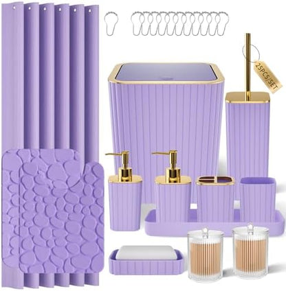 XLHOMO Bathroom Accessories Set - 25PC Bathroom Sets with Shower Curtain and Rugs, Purple Bathroom Set with Trash Can, Soap Dispenser, Soap Dish & Toilet Brush
