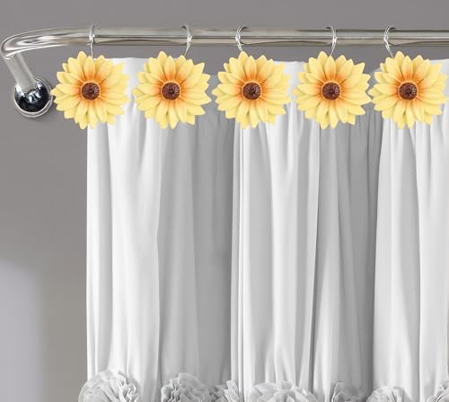 Daisy Flower Shower Curtain Hooks, 12PCS Stainless Steel Anti Rust Sunflower Shower Curtain Hooks Floral Decorative Curtain Hanger Hooks for Living Room Bathroom Decor (Yellow)