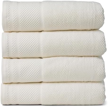 Texere 100% Organic Cotton Rice Weave Jacquard 700 GSM Luxury Bath Towel Sets - Ultra Soft and Absorbent Hotel and Spa Quality (Rice Weave, Cream, 4 Bath Towels)