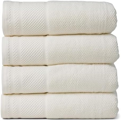 Texere 100% Organic Cotton Rice Weave Jacquard 700 GSM Luxury Bath Towel Sets - Ultra Soft and Absorbent Hotel and Spa Quality (Rice Weave, Cream, 4 Bath Towels)