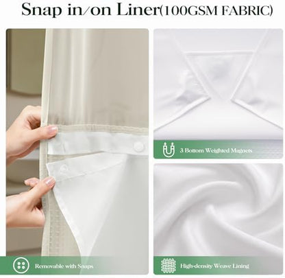 Dynamene Cream Hook Free Waffle Shower Curtain & Snap-in Fabric Liner,72x75