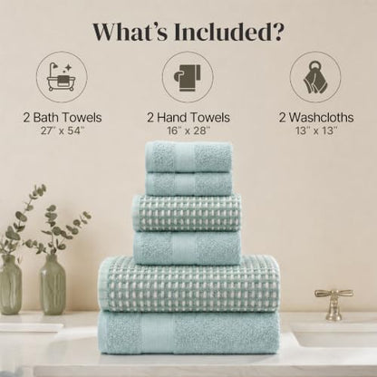Modern Threads 6 Piece Bath Towel Set – Bathroom Towel Set with 2 Bath Towels, 2 Hand Towels & 2 Washcloths – 100% Cotton, Soft & Absorbent – Waffle (Sage Mist)
