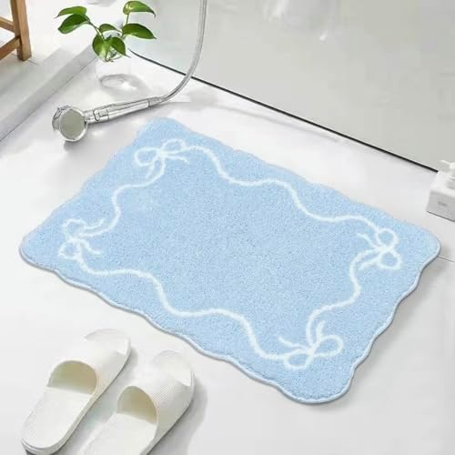 Mocsicka Blue Bow Bath Mat Cute Bow Bathroom Rug Super Soft Absorbent Bathroom Rugs Non Slip Bath Mat Machine Washable Rug for Bathrooms 20x32 inches (Blue, 50x80cm)