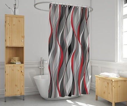 weesire Red and Grey Shower Curtain for Bathroom Red and Black Shower Curtain Fabric Modern Abstract Striped Minimalist Bath Curtains Waterproof Shower Curtains Set, Black Gray Red, 72 x 72 Inch