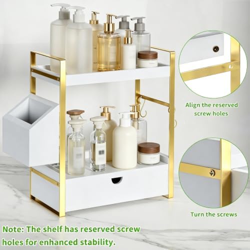 2-Tier Bathroom Counter Organizer, Wooden Vanity Shelf with Drawer & Basket