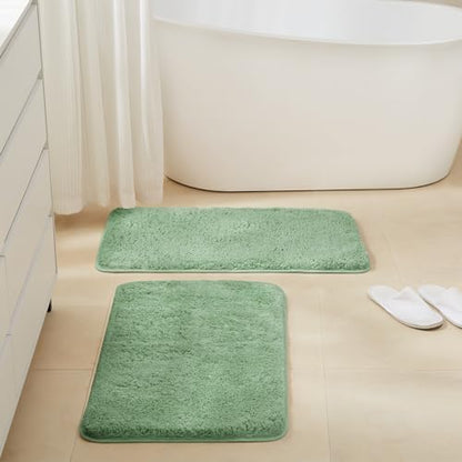 TECHMILLY Non-Slip Bathroom Rugs Sets 2 Piece, Fluffy Soft Luxury Microfiber Shower Mat, Absorbent, Washable & Quick Dry for Bath Floor, 32''x20'', Green