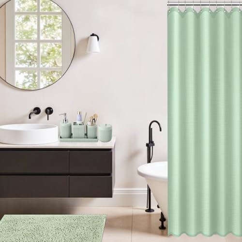 XLHOMO Light Green Bathroom Sets with Shower Curtain and Rugs, 8-Piece Resin Bathroom Accessories Sets Complete, Soap Dispenser, Toothbrush Holder, Tumbler, Tray & Apothecary Jars Bathroom Essentials