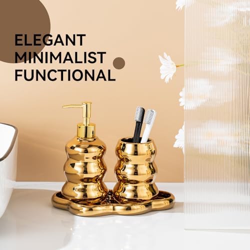 Gold Bathroom Accessory Set, 3-Piece Gold Ceramic Bath Accessories Set with Tray, Lotion Dispenser, and Tumbler for Luxurious Bathroom Decor