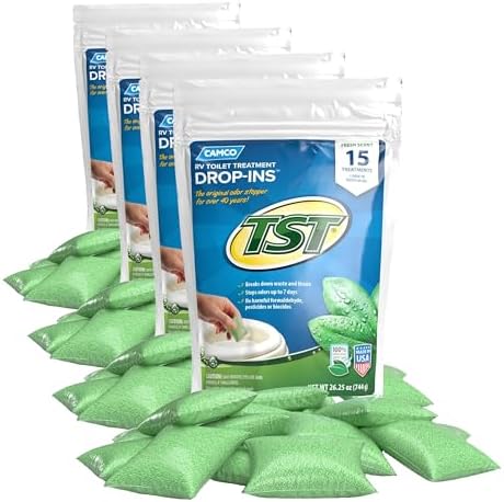 Camco TST RV Toilet Treatment Drop-INs - Control Unwanted Odors and Break Down Waste and Tissue - Septic Tank Safe - Fresh Scent (40264) 15 Count (Pack of 4)
