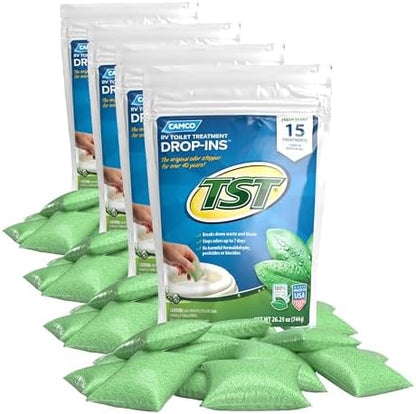 Camco TST RV Toilet Treatment Drop-INs - Control Unwanted Odors and Break Down Waste and Tissue - Septic Tank Safe - Fresh Scent (40264) 15 Count (Pack of 4)