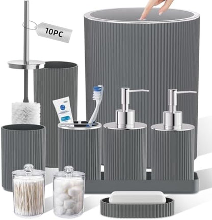 Grey Bathroom Accessories Set, 10PC Bathroom Set